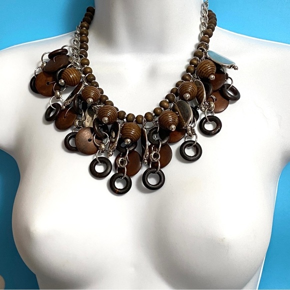 Wood Beads Silver Tone Boho Statement Necklace - Picture 3 of 8